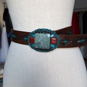 Vintage tooled belt with hand tiled belt buckle turquoise details